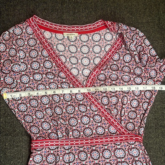 Max Studio Faux Wrap Print Stretch Dress Red Black Blue sz L - Picture 5 of 9